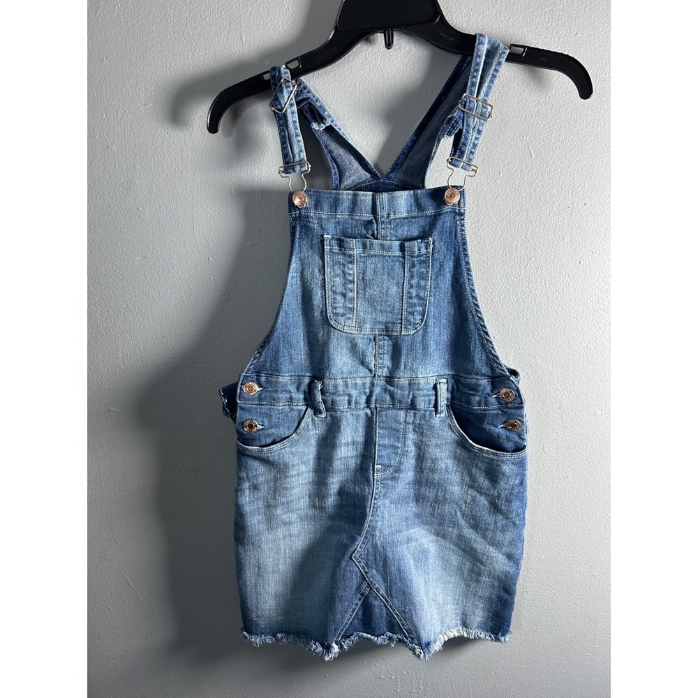Nillastar Girls Blue Denim Overall Dress Frayed Hem Bib Jumper Medium Wash
